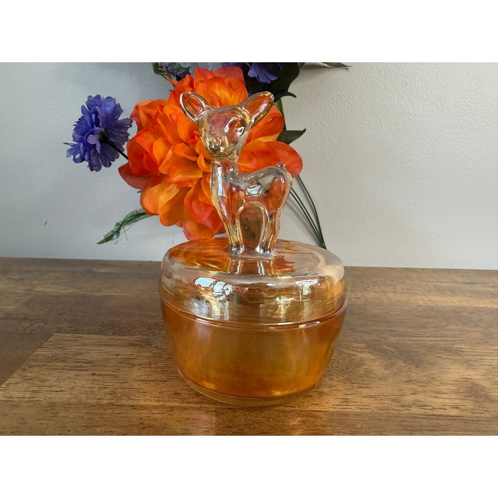 Vintage Jeannette Glass Fawn Deer Powder Jar Marigold Carnival Glass
